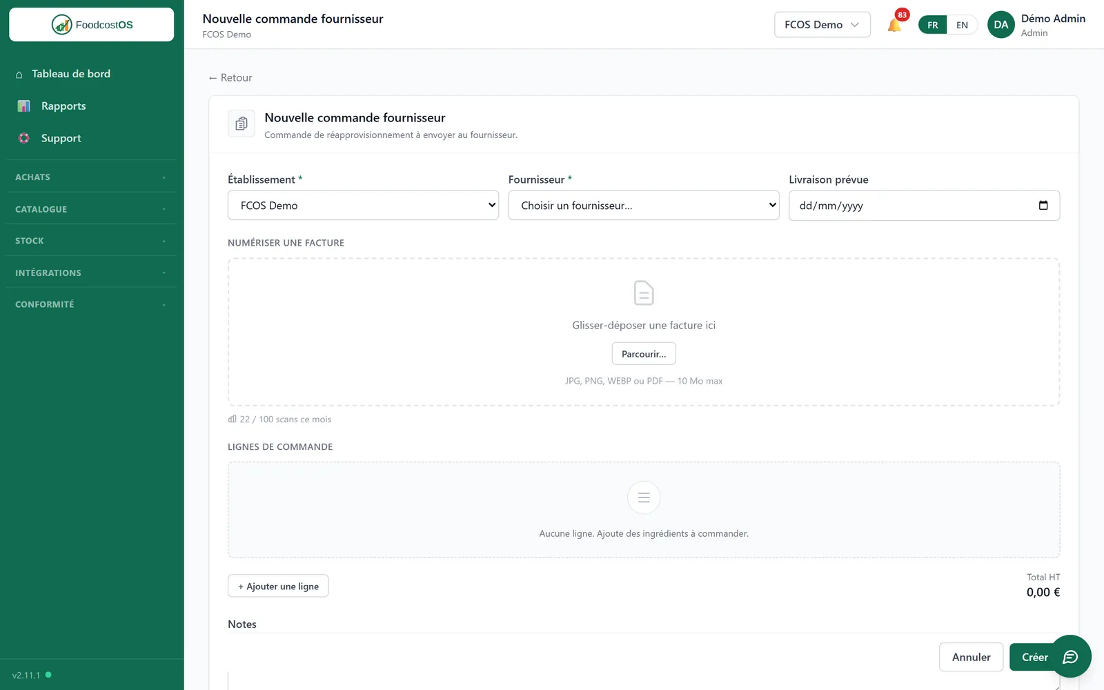 Supplier invoice drop zone in FoodCostOS, with the monthly scan counter