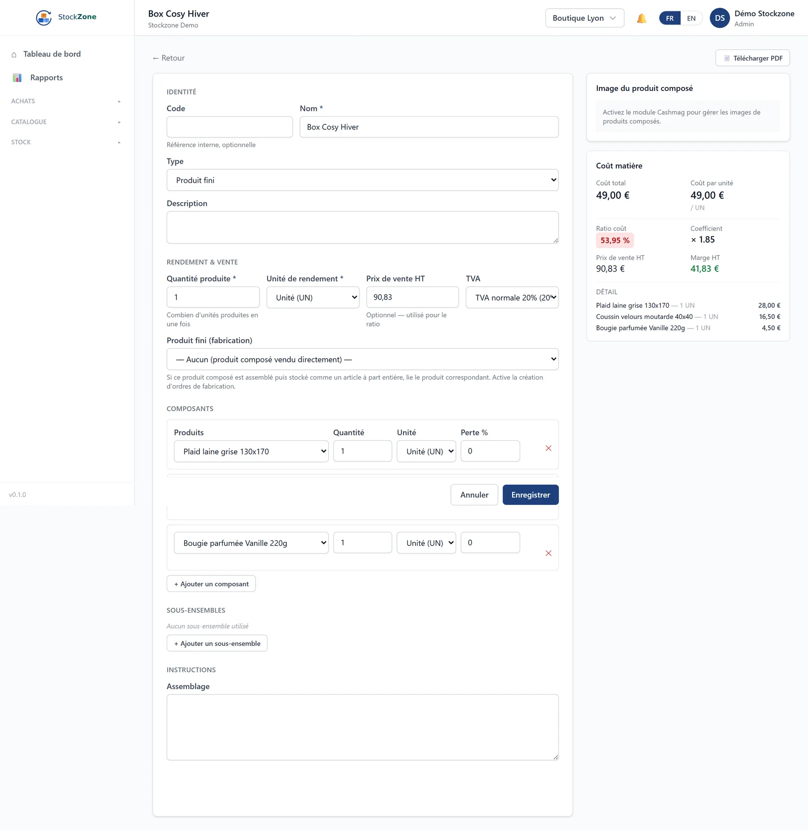 Composed product / bill of materials in StockZone
