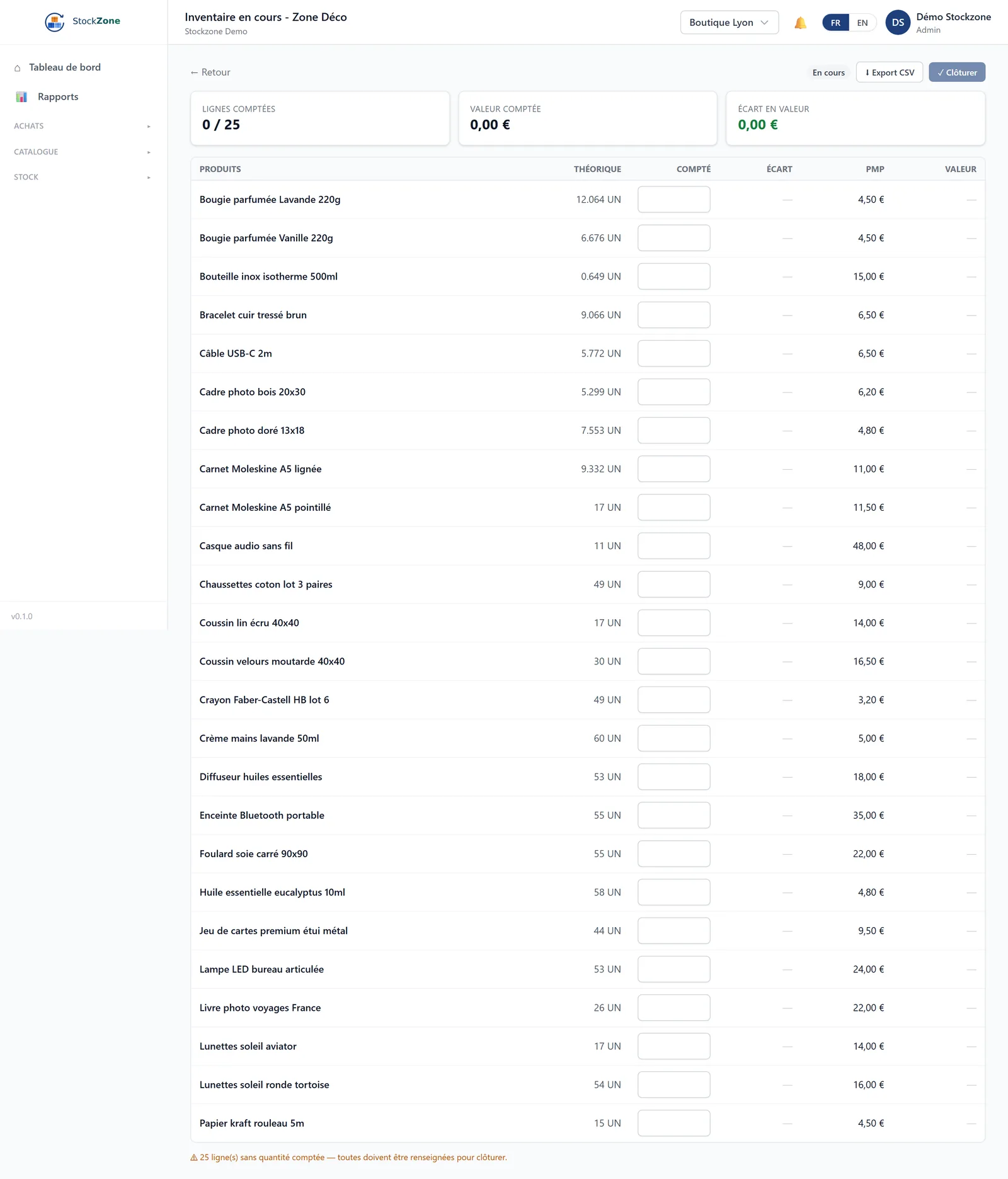 Stock count in StockZone