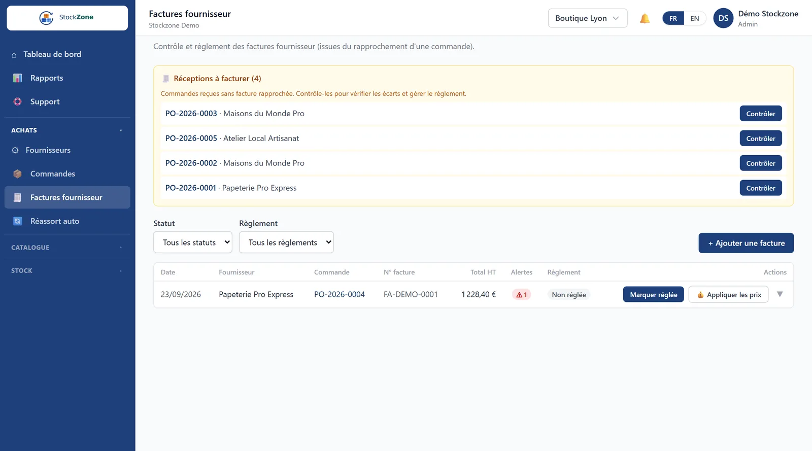 Supplier invoice list in StockZone, with deliveries awaiting invoicing, discrepancy alerts and payment tracking